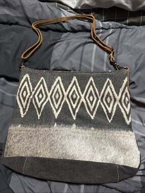 Myra Bag Black and Cream Geometric Shoulder Bag with Brown Strap